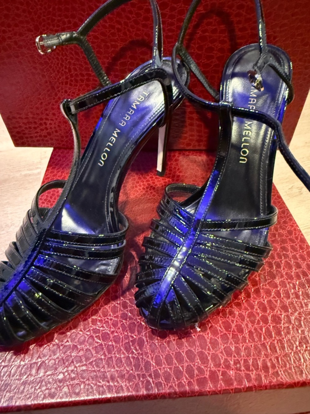 Tamara Mellon Patent Black Strappy T‑Bar High Heels